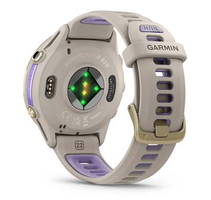 Смарт-годинник Garmin Forerunner 970 із золотистим титановим безелем, сірим корпусом і ремінцем кольору французький сірий/індиго