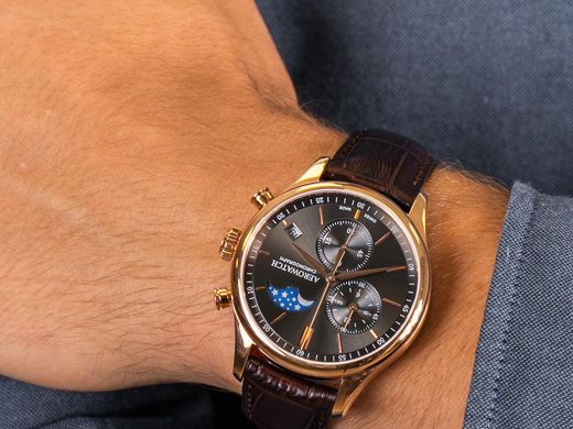 Часы-хронограф наручные мужские Aerowatch 78986 RO02 кварцевые, с датой и фазой Луны, кожаный ремешок