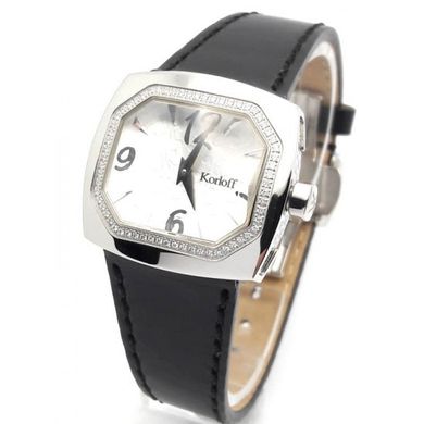 Часы наручные женские Korloff TKLD6VN, кварцевые, белый перламутр с бриллиантами, черный кожаный ремешок