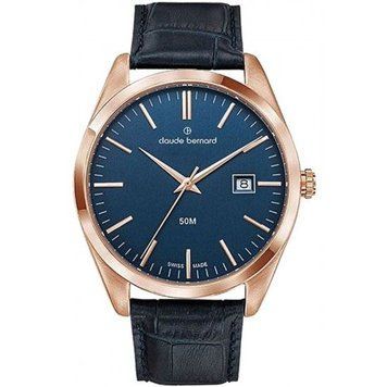 Часы наручные мужские Claude Bernard 70201 37R BUIRAIR, кварцевые с розовым покрытием PVD, на кожаном ремешке