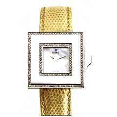 Часы наручные женские Korloff SD23 кварцевые, 61 бриллиант, золотистый ремешок из кожи ящерицы