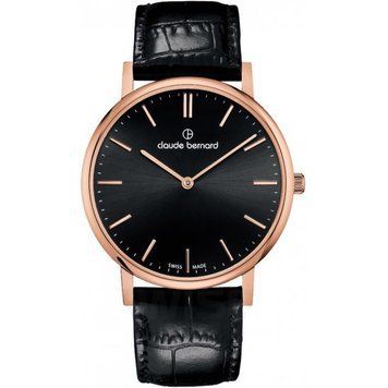Часы наручные мужские Claude Bernard 20214 37R NIR кварцевые, черный ремешок, корпус цвета розового золота