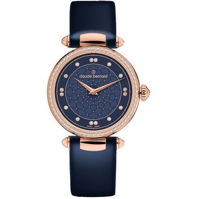 Часы наручные женские Claude Bernard 20509 37RC BUIR, кварцевые, с розовым покрытием PVD, синий ремешок