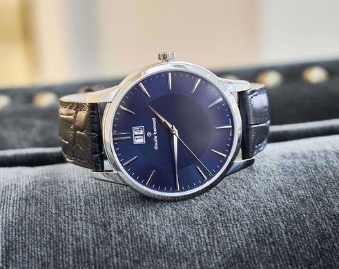 Часы наручные мужские Claude Bernard 63003 3 BUIN, кварц, синий кожаный ремешок, большая дата