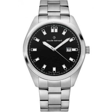 Часы наручные мужские Claude Bernard 53019 3M NIN кварцевые, с датой на черном циферблате, стальной браслет