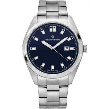 Часы наручные мужские Claude Bernard 53019 3M BUIDN кварцевые, с датой на синем циферблате, стальной браслет