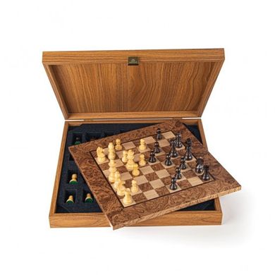 SW4234J Manopoulos Walnut Burl Chessboard 34cm with Staunton wooden Chessmen 6.5 cm