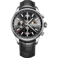 Годинник-хронографія наручні чоловічі Aerowatch 69989 AA02 кварцові з фазою Місяця, чорний шкіряний ремінець