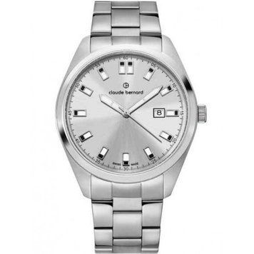 Часы наручные мужские Claude Bernard 53019 3M AIN, кварц, с датой на серебристом циферблате, стальной браслет