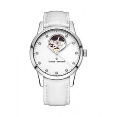 Часы наручные женские Claude Bernard 85018 3 APN, автоматика, открытый баланс, белый ремень под "крокодила"