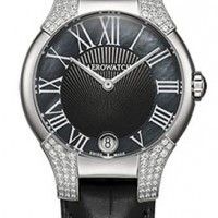 Годинники наручні жіночі Aerowatch 06964 AA04 96DIA кварцові, 96 діамантів, чорний шкіряний ремінець