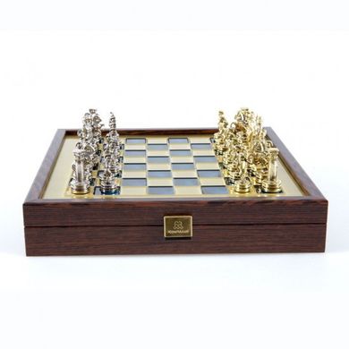 SK3BLU Manopoulos Greek Roman Period chess set with gold-silver chessmen/Blue chessboard on wooden box 27cm