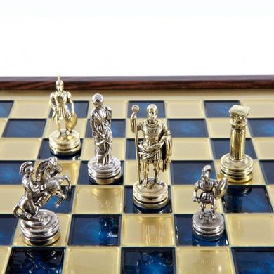 SK3BLU Manopoulos Greek Roman Period chess set with gold-silver chessmen/Blue chessboard on wooden box 27cm