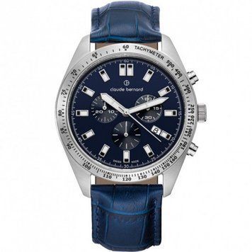 Часы наручные мужские Claude Bernard 10247 3C BUIN кварцевые, хронометр, тахиметр, дата, синий кожаный ремешок