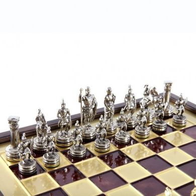 SK3RED Manopoulos Greek Roman Period chess set with gold-silver chessmen/Red chessboard on wooden box 27cm