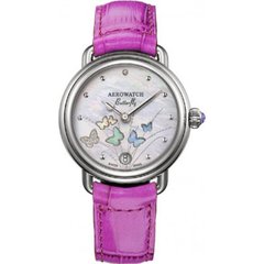 Часы наручные женские Aerowatch 44960 AA05 кварцевые с бабочками и бриллиантом, розовый кожаный ремешок