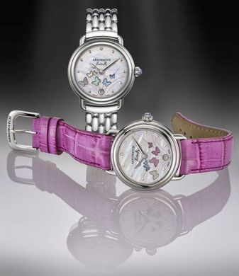 Годинники наручні жіночі Aerowatch 44960 AA05 кварцові з метеликами і діамантом, рожевий шкіряний ремінець