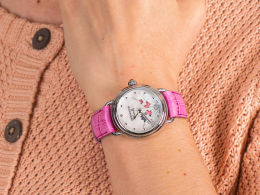 Часы наручные женские Aerowatch 44960 AA05 кварцевые с бабочками и бриллиантом, розовый кожаный ремешок