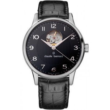 Часы наручные мужские Claude Bernard 85017 3 NBN серебристо-черные, автоматика с открытым сердцем