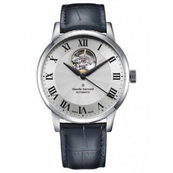 Часы наручные мужские Claude Bernard 85017 3 AR, автоматика с открытым балансом, синий ремешок из кожи