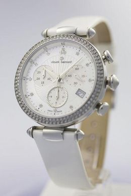 Часы наручные женские Claude Bernard 10230 3 NAN, кварцевый хронограф, на белом ремне, с кристаллами Swarovski