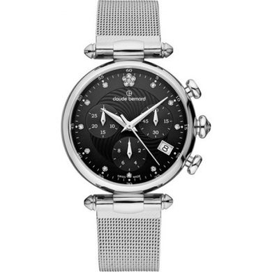Часы-хронограф наручные женские Claude Bernard 10216 3 NPN2 на "кольчужном" браслете, кристаллы Swarovski