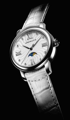 Часы наручные женские Aerowatch 43938 AA03 кварцевые, 8 бриллиантов, фаза Луны, белый ремешок