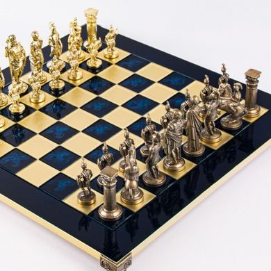 S11CBLU Manopoulos Greek Roman Period chess set with gold-bronze chessmen/Blue chessboard 44cm