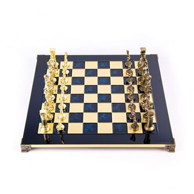 S11CBLU Manopoulos Greek Roman Period chess set with gold-bronze chessmen/Blue chessboard 44cm