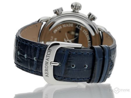 Годинник-хронографія наручні чоловічі Aerowatch 85939 AA09 кварцові, з датою і будильником, синій шкіряний