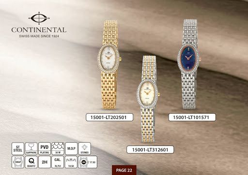 Часы наручные женские Continental 15001-LT202501 кварцевые, овальный корпус с фианитами, браслет, позолота