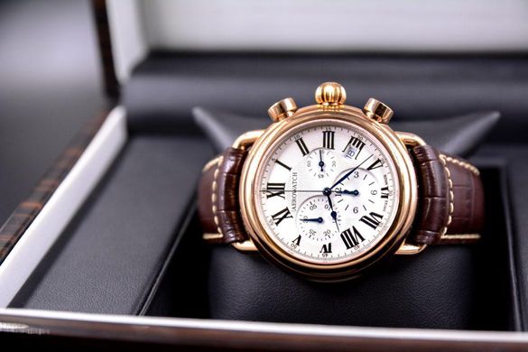 Часы-хронограф наручные мужские Aerowatch 83939 RO07 кварцевые, с датой, позолота PVD, коричневый ремешок