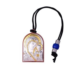 Брелок икона Казанская Богоматерь серебряная с позолотой на шнурке