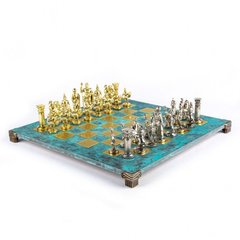 S11TIR Manopoulos Greek Roman Period chess set with gold-silver chessmen/Antique Turquoise chessboard 44cm