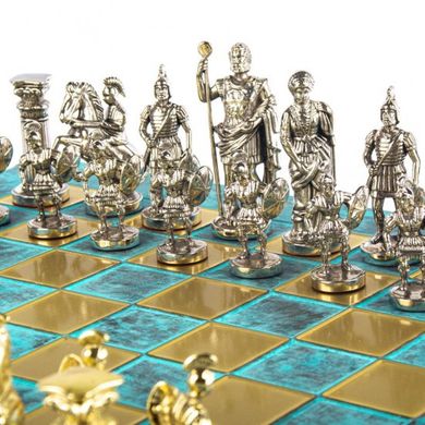S11TIR Manopoulos Greek Roman Period chess set with gold-silver chessmen/Antique Turquoise chessboard 44cm