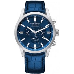 Часы наручные мужские Claude Bernard 10222 3C BUIN1, кварцевый хронограф с датой, синий ремешок из кожи
