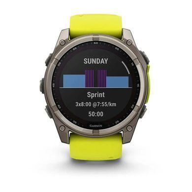 Смарт-годинник Garmin Fenix 8 &ndash; 51 мм, Solar Sapphire, титан з яскраво-жовтим/графітовим силіконовим ремінцем