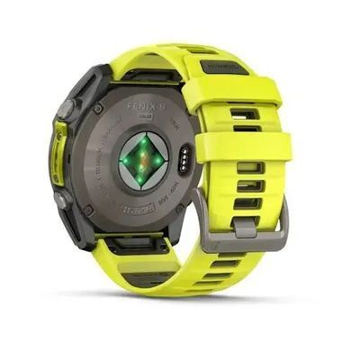 Смарт-годинник Garmin Fenix 8 &ndash; 51 мм, Solar Sapphire, титан з яскраво-жовтим/графітовим силіконовим ремінцем