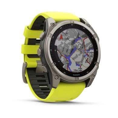 Смарт-годинник Garmin Fenix 8 &ndash; 51 мм, Solar Sapphire, титан з яскраво-жовтим/графітовим силіконовим ремінцем