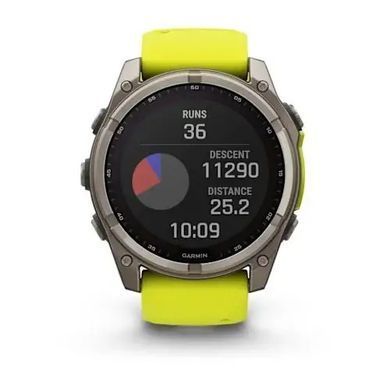 Смарт-годинник Garmin Fenix 8 &ndash; 51 мм, Solar Sapphire, титан з яскраво-жовтим/графітовим силіконовим ремінцем