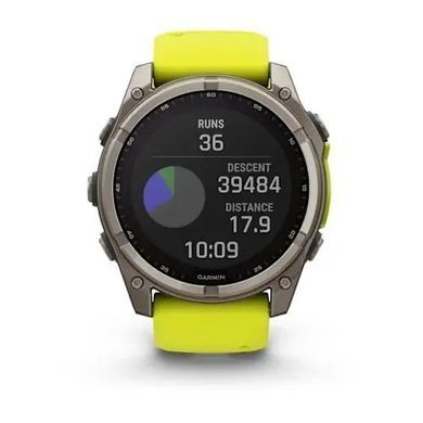 Смарт-годинник Garmin Fenix 8 &ndash; 51 мм, Solar Sapphire, титан з яскраво-жовтим/графітовим силіконовим ремінцем