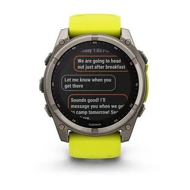 Смарт-годинник Garmin Fenix 8 &ndash; 51 мм, Solar Sapphire, титан з яскраво-жовтим/графітовим силіконовим ремінцем