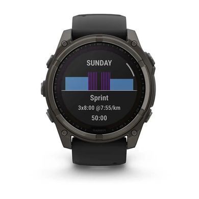 Смарт-годинник Garmin Fenix 8 &ndash; 51 мм, Solar Sapphire, титан з DLC-покриттям Carbon Gray та силіконовим ремінцем чорного/сірого кольору