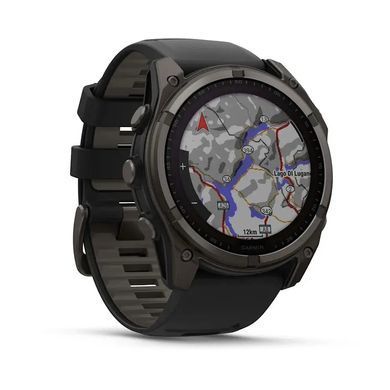Смарт-годинник Garmin Fenix 8 &ndash; 51 мм, Solar Sapphire, титан з DLC-покриттям Carbon Gray та силіконовим ремінцем чорного/сірого кольору