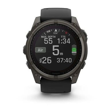 Смарт-годинник Garmin Fenix 8 &ndash; 51 мм, Solar Sapphire, титан з DLC-покриттям Carbon Gray та силіконовим ремінцем чорного/сірого кольору