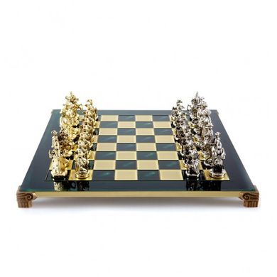 S12GRE Manopoulos Medieval Knights chess set with gold-silver chessmen/Green chessboard 44cm