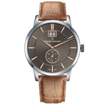 Часы наручные мужские Claude Bernard 64005 3 GIR3, кварц, малая секундная стрелка, светло-коричневый ремешок
