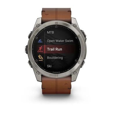 Смарт-годинник Garmin Fenix 8 &ndash; 51 мм, AMOLED Sapphire, титан з DLC-покриттям Carbon Gray та каштановим шкіряним ремінцем