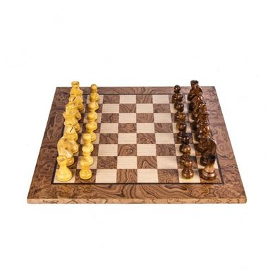 SW43B40J Manopoulos Walnut Burl Chessboard 40cm with wooden Staunton Chessmen in luxury wooden gift box
