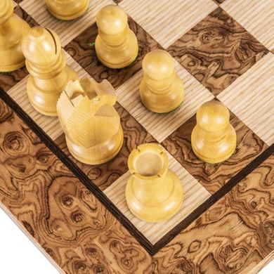 SW43B40J Manopoulos Walnut Burl Chessboard 40cm with wooden Staunton Chessmen in luxury wooden gift box